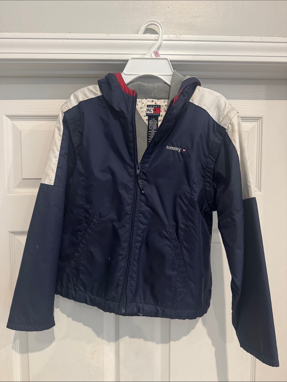 Tommy Hilfiger Navy and White Kids' Hooded Rain Jacket with Red Trim